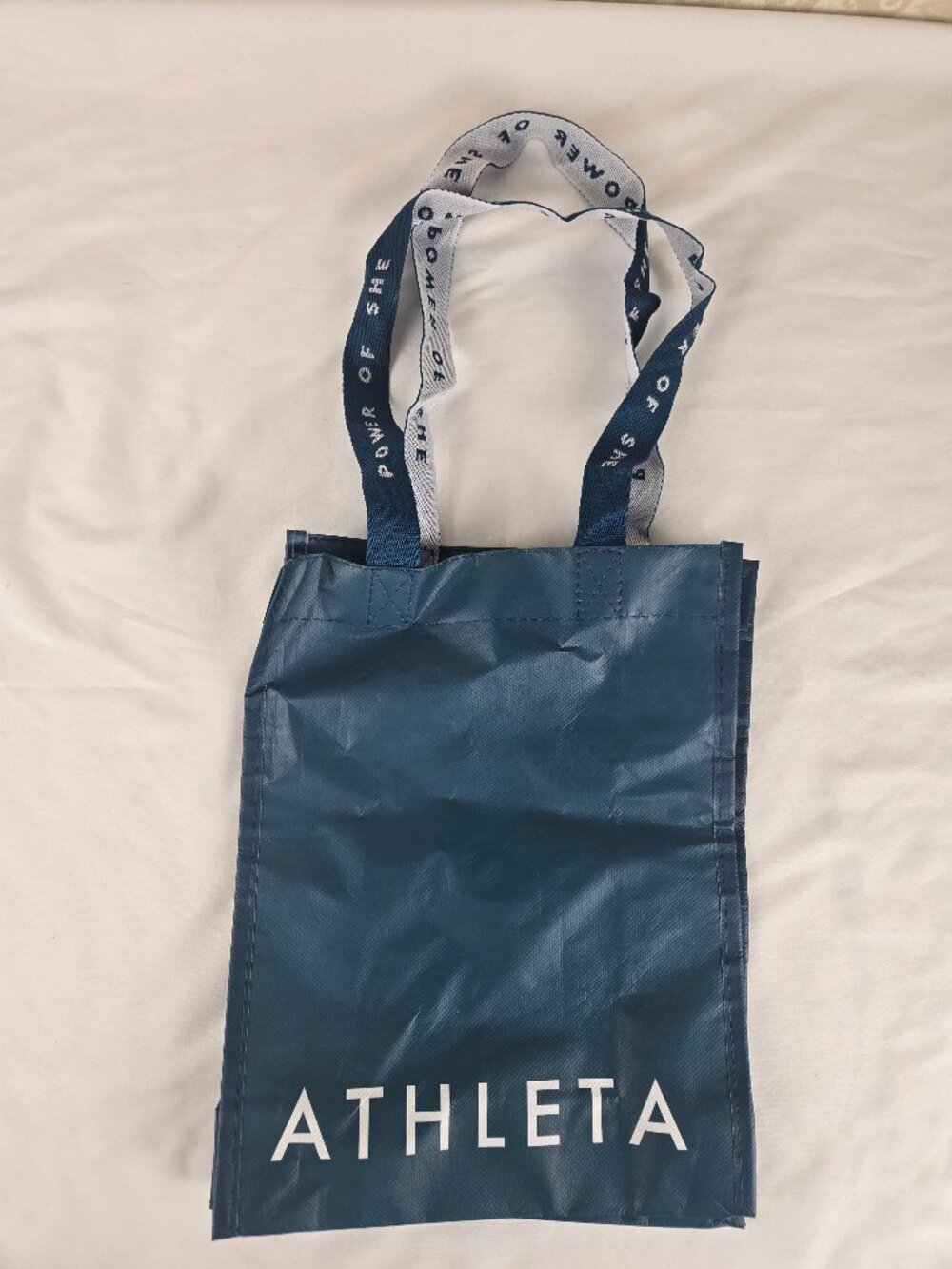 Athleta Teal White Logo Reusable Small Tote Bag 100% Recycled Plastic 2 Handles
